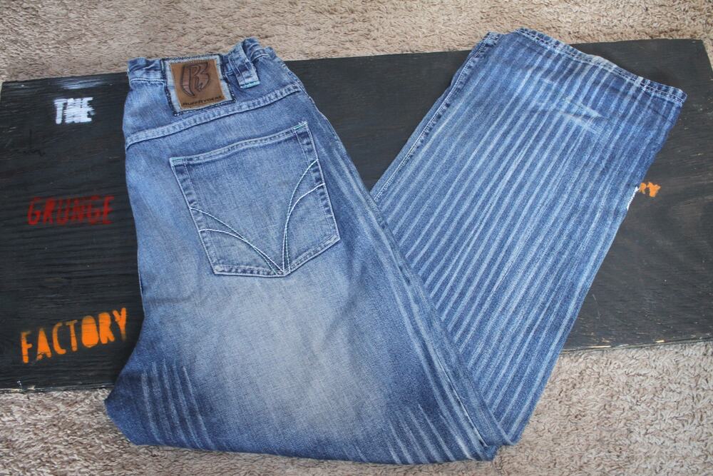 Ruff Ryders Mens 36 Blue Baggy Jeans Whiskered Embroidered Logo Hip Hop